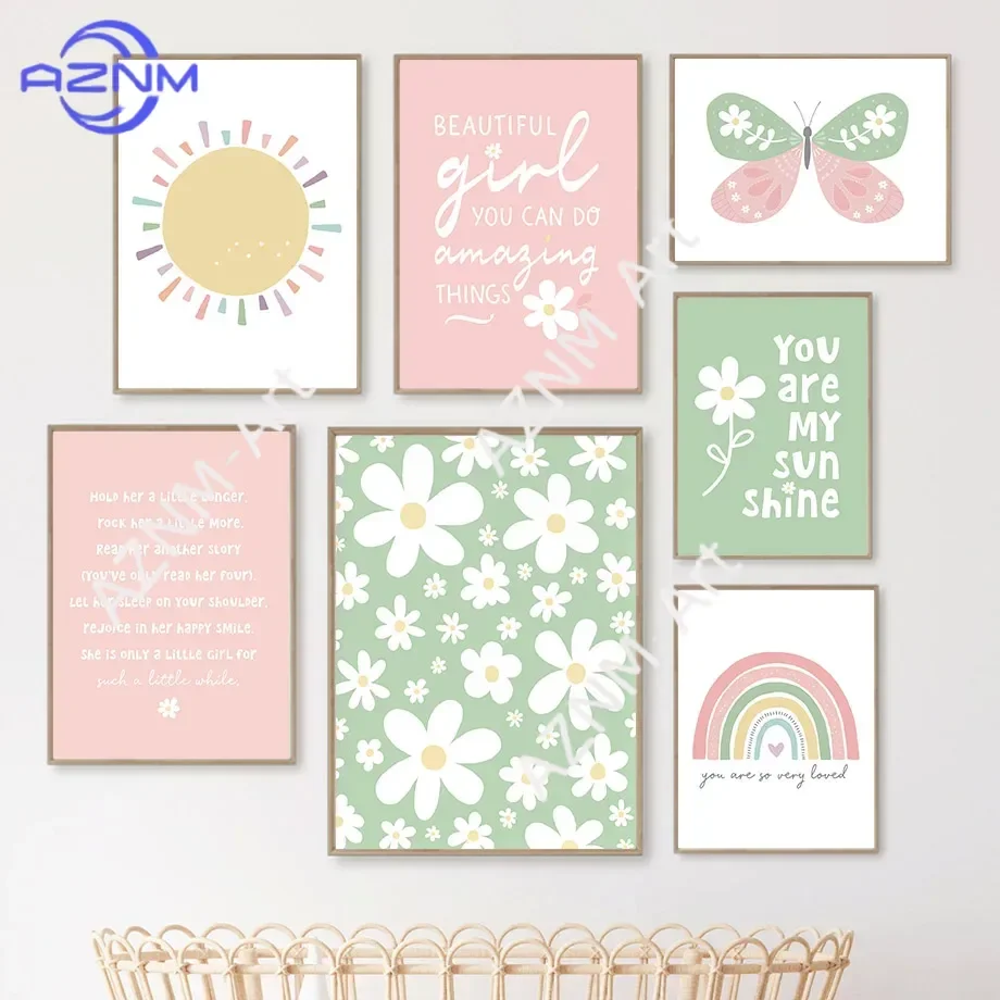 Cute Pink & Green Daisy Wall Art Prints Inspirational Quotes for Girls Bedroom Decor