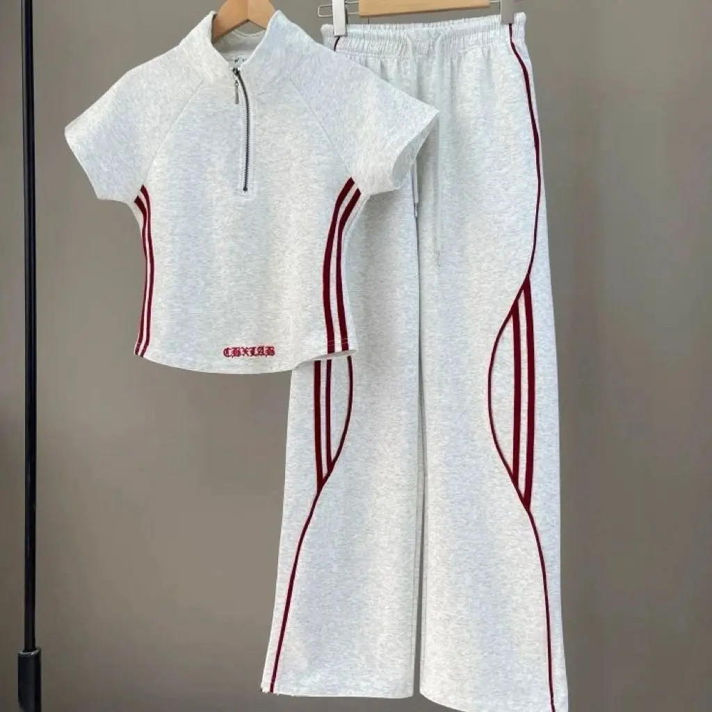 

2026 Summer New Sporty Set Women Slim Fit Color Block Short Sleeve Wide Leg Pants 2 Piece Outfits Casual Tracksuit