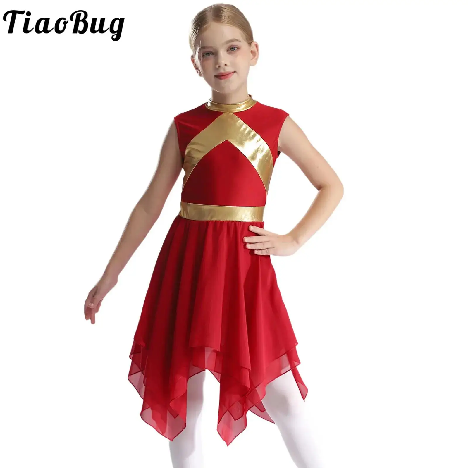 

Girls Praise Lyrical Dance Dress Sleeveless Metallic Color Block Liturgical Worship Dancing Church Choir Performance Dancewear