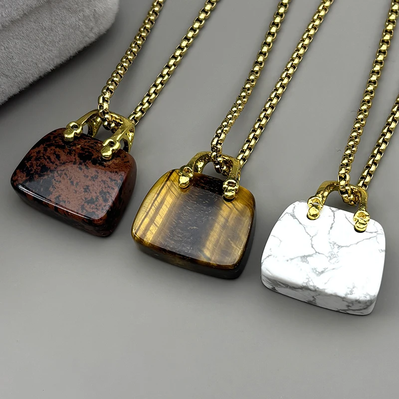 

Fashion Handbag Pendant Necklace Women Men Tiger Eye Stone Stainless Steel Chain Party Female Holiday Summer Jewelry Accessory