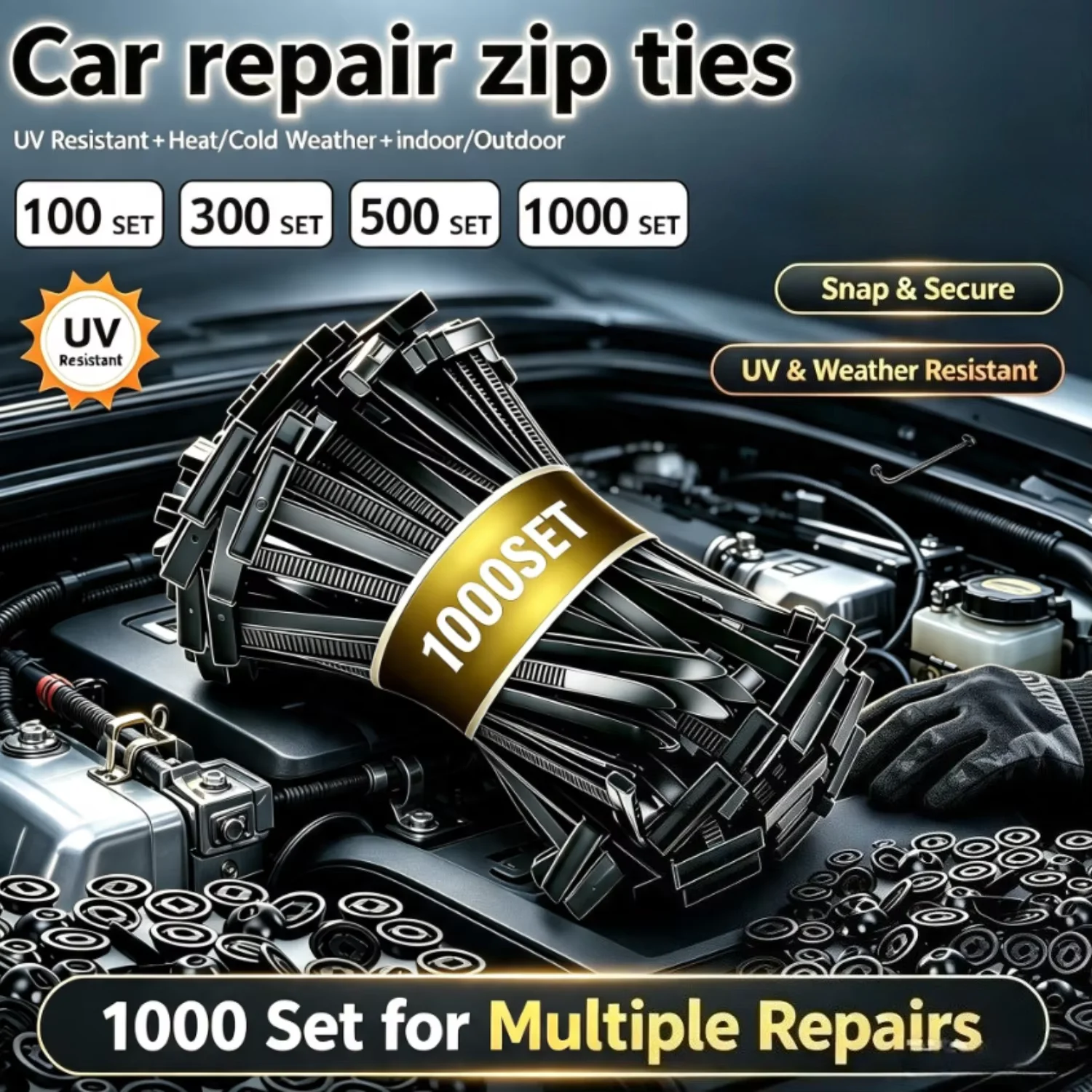 Plastic Zipties Self-Locking UV Resistant Cable Tie Buckle or Auto Body Repair Trunk Mudguard Liner Zipper Clips 20/300/1000Set