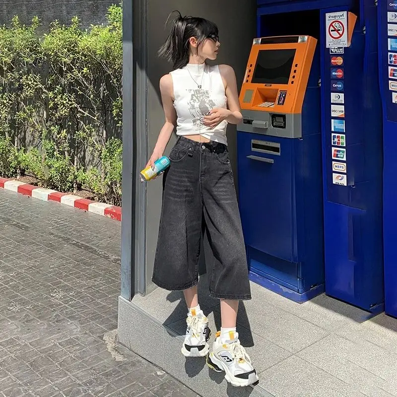 Summer American Style Vintage Women Baggy Jeans Y2k Loose Washed High Waist Knee Length Denim Pants Streetwear Wide Leg Shorts