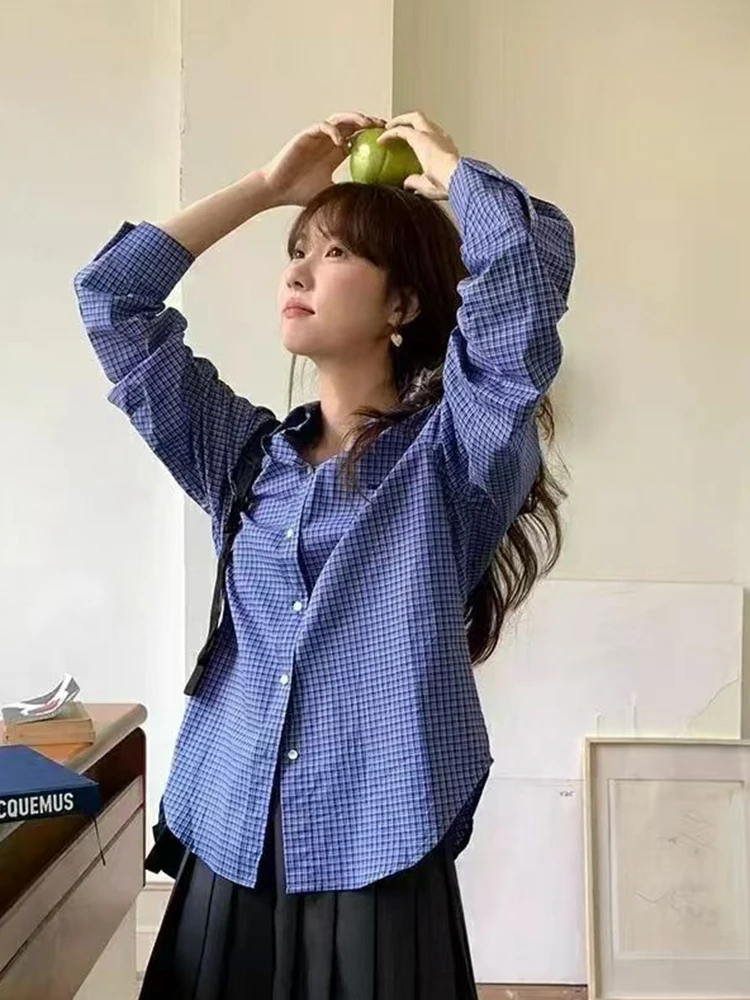 Preppy Style Blue Plaid Shirt Women Loose Long Sleeve Vintage Fall Blouse Oversize Casual Korean Retro Female All Match Tops New