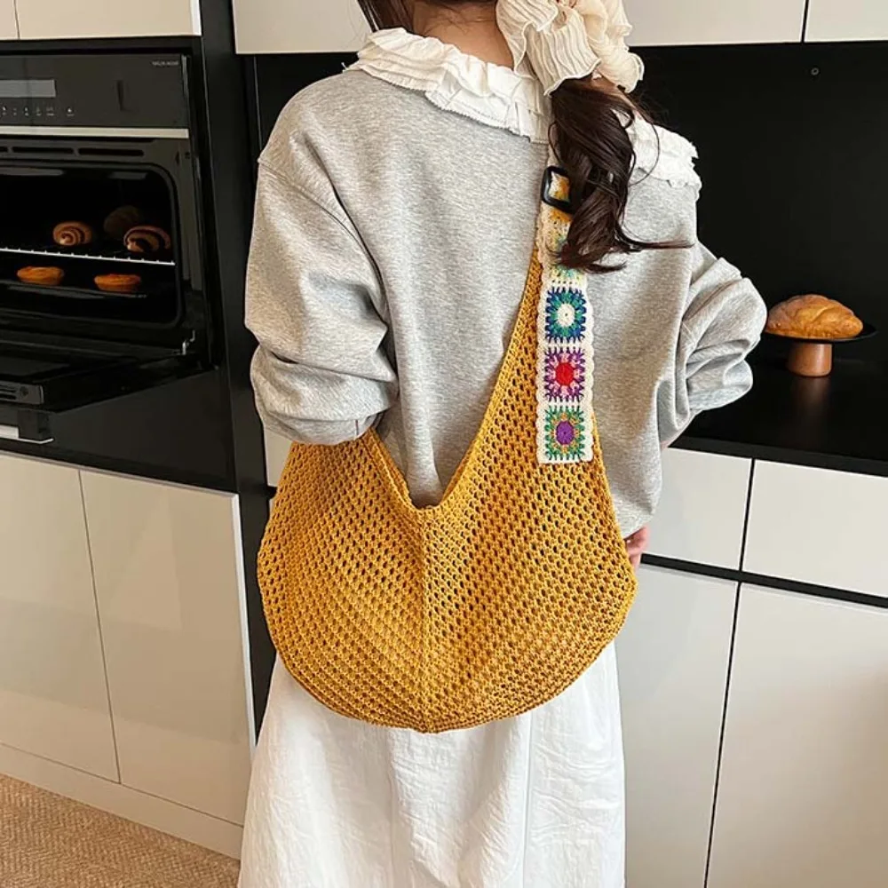

Модная большая вместительная вязаная сумка-тоут с цветком в этническом стиле, полая тканая сумка, полиэстер, хлопок, вязаная сумка, пляжная