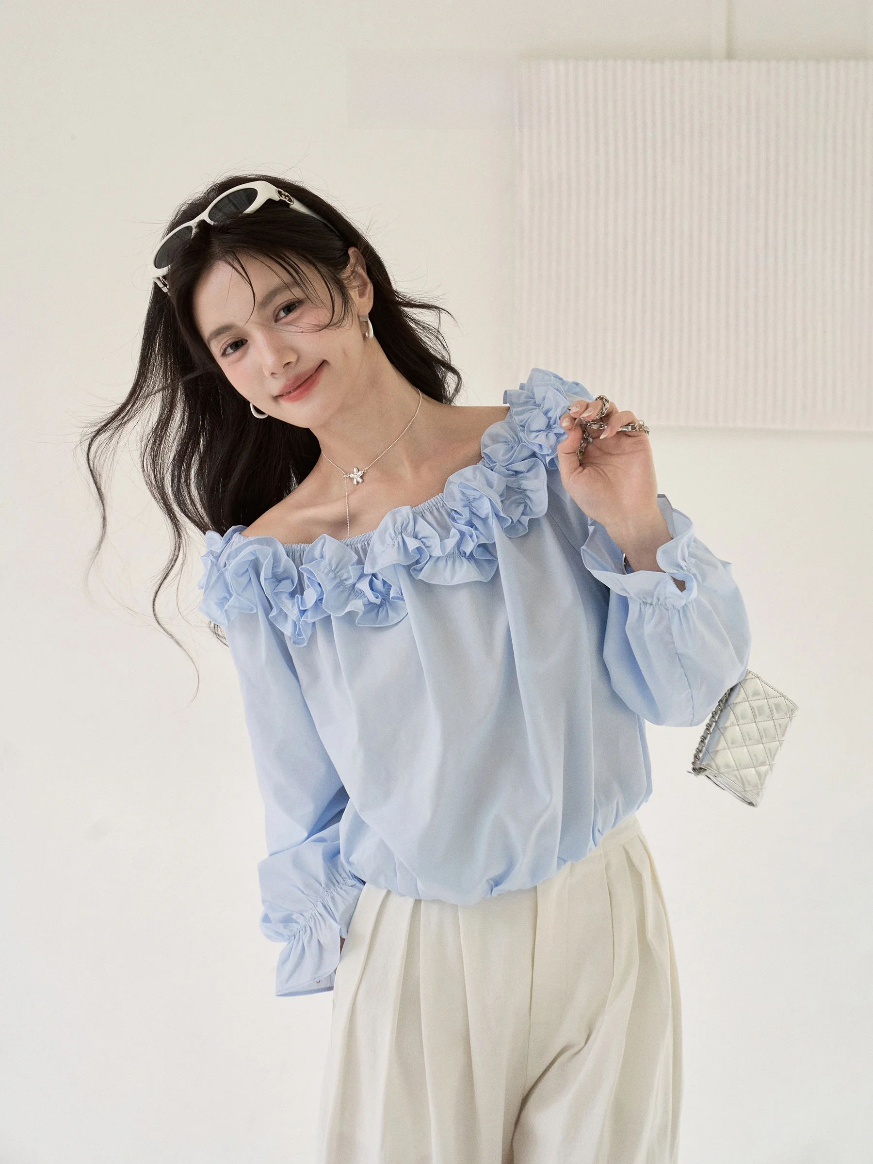 

Blue Lace Trim One Shoulder Shirt Women's Summer New Style Floral Print Long Sleeve Comfortable Breathable Waist Cinched Shirt