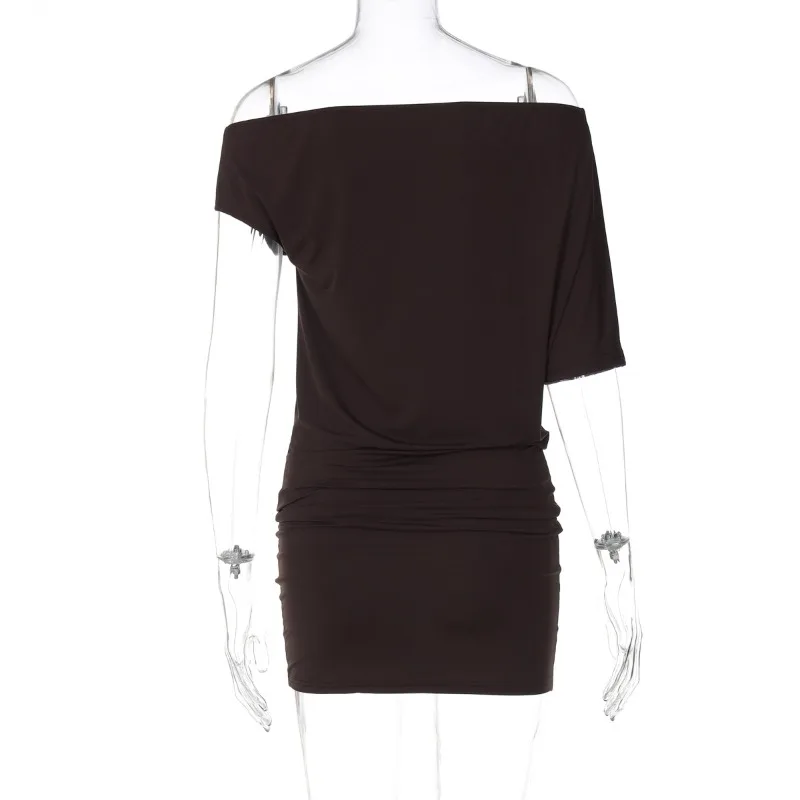 Women Solid Irregular Off Shoulder Mini Dress Fashion Sexy Slash Neck Short Sleeve Bodycon Casual Dresses Summer Streetwear