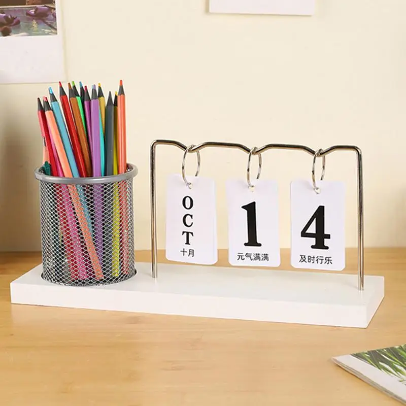 Portalápices con calendario de bloque perpetuo, calendario de escritorio de madera, adornos de escritorio multifuncionales, Simple, reutilizable