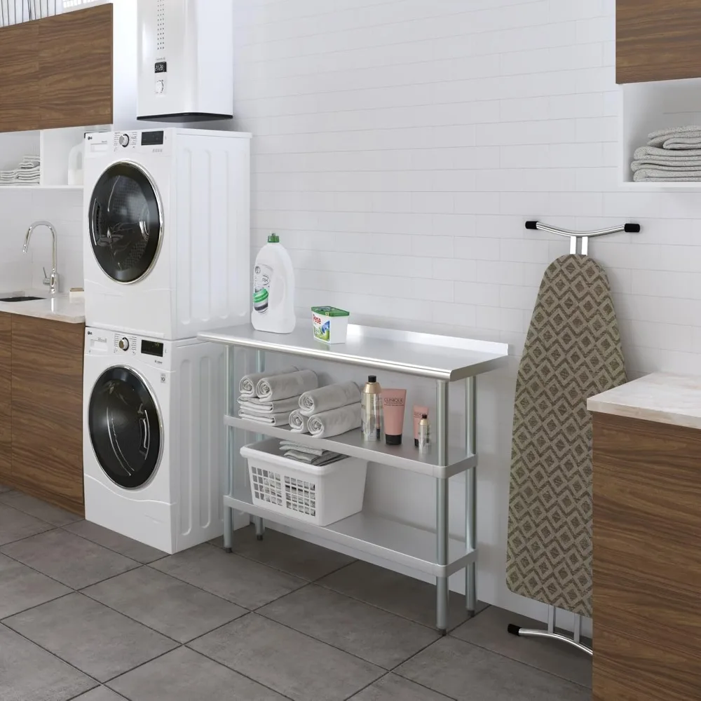 Stainless Steel Work Table with 1.5" Backsplash and 2 Shelves Metal Kitchen Food Prep Table 48" Long x 14" Deep