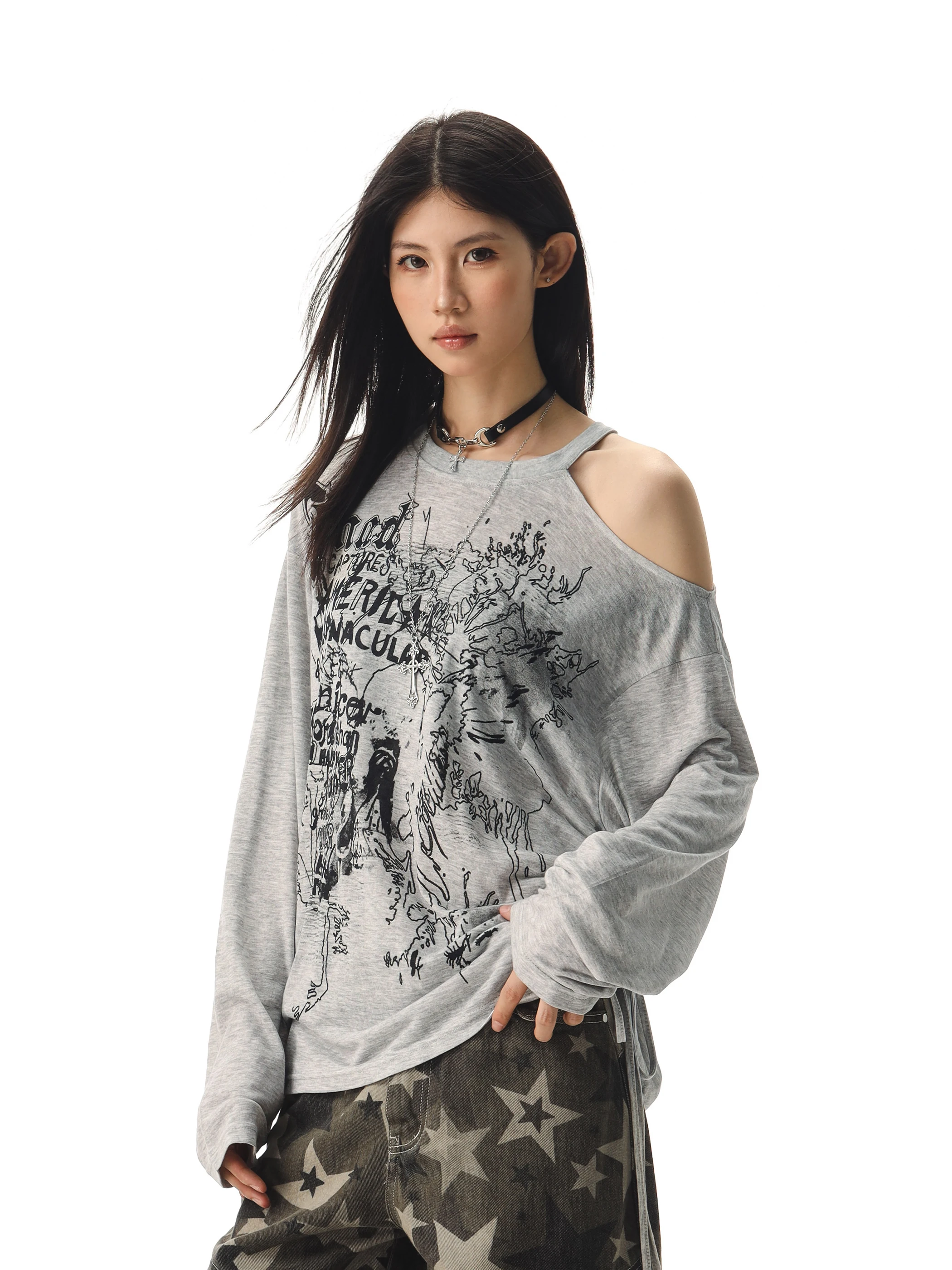 

American Sle Long Sve Loose oulder T-irt Women's Lazy Design Top C Beer Captain Spicy Girl Sle Autumn New Arrival