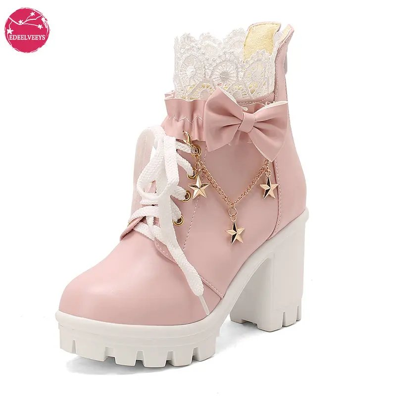 

Women's Gothic Combat Boots Lace Up Platform Kawaii Lolita Ankle Boots with Chain Chunky High Heel Zipper Punk Cosplay Shoes