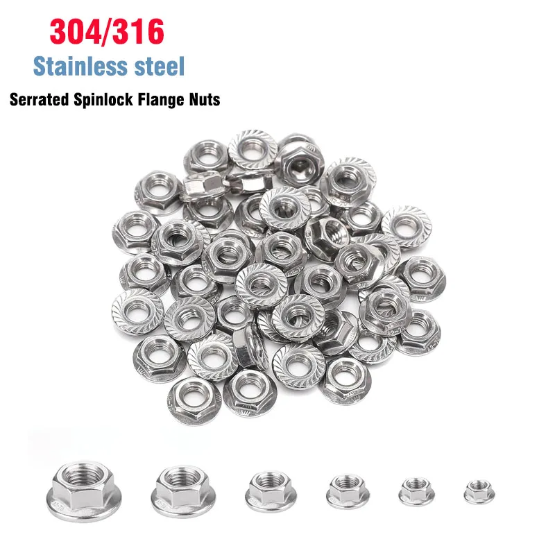 304/316 Stainless Steel Hexagon Hex Head Serrated Spinlock Nuts DIN6923 M3 M4 M5 M6 M8 M10 M12 Hex Flange Nuts for Screw Bolts
