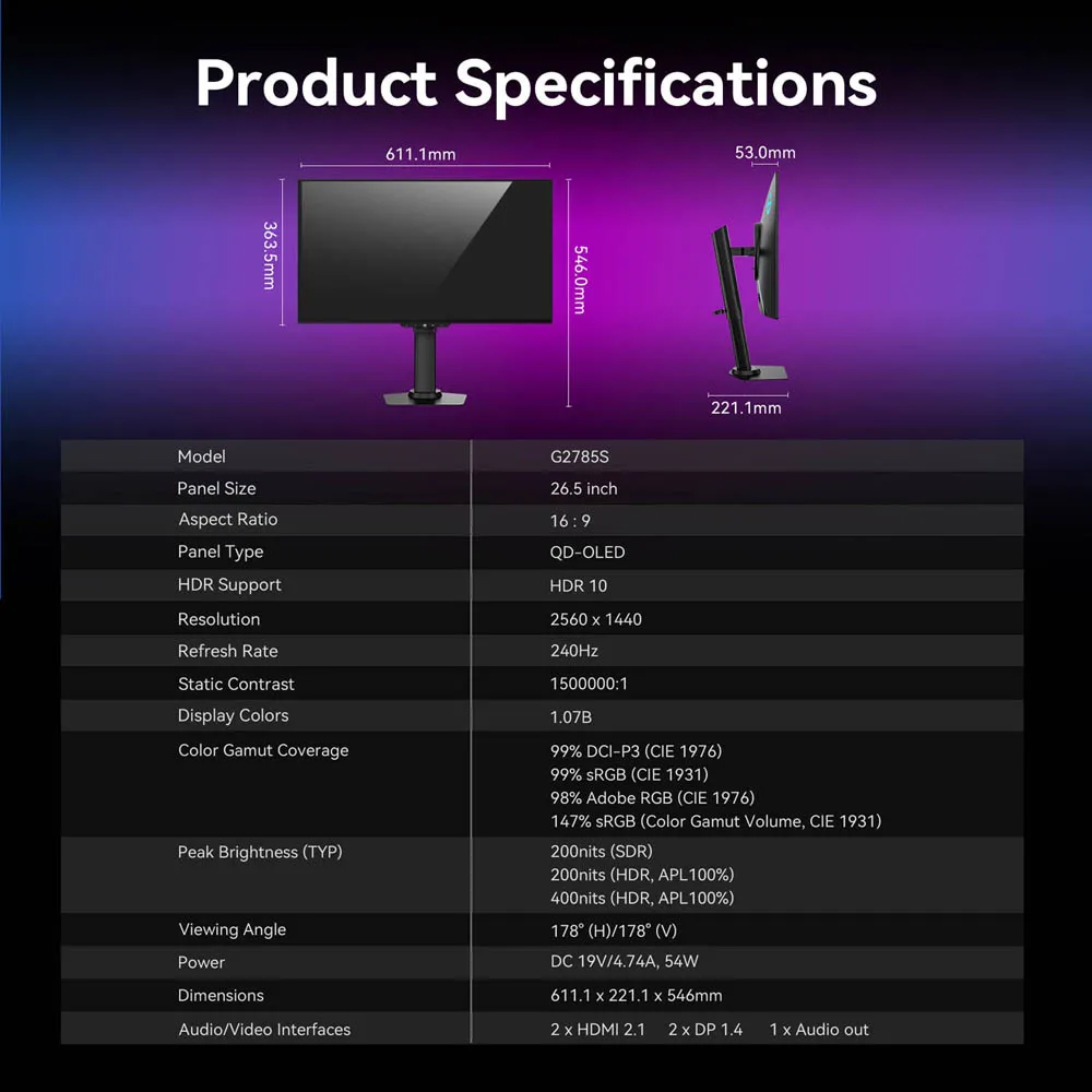 Monitor para juegos Titan Army G2785S de 26,5 pulgadas QD-OLED, 2560×1440 QHD, 240Hz, relación de 0,03Ms, Hdr10, 99 Dci P3, Freesync, soporte ergonómico, Pip, Pbp para deportes electrónicos 8