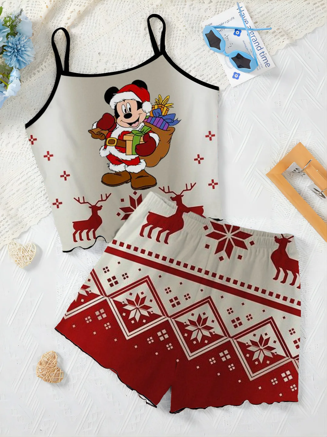 Disney-Ensemble T-shirt et jupe pyjama de Noël Minnie Mouse pour femme, garniture de laitue, robe d'intérieur, haut court imbibé, pièces élégantes