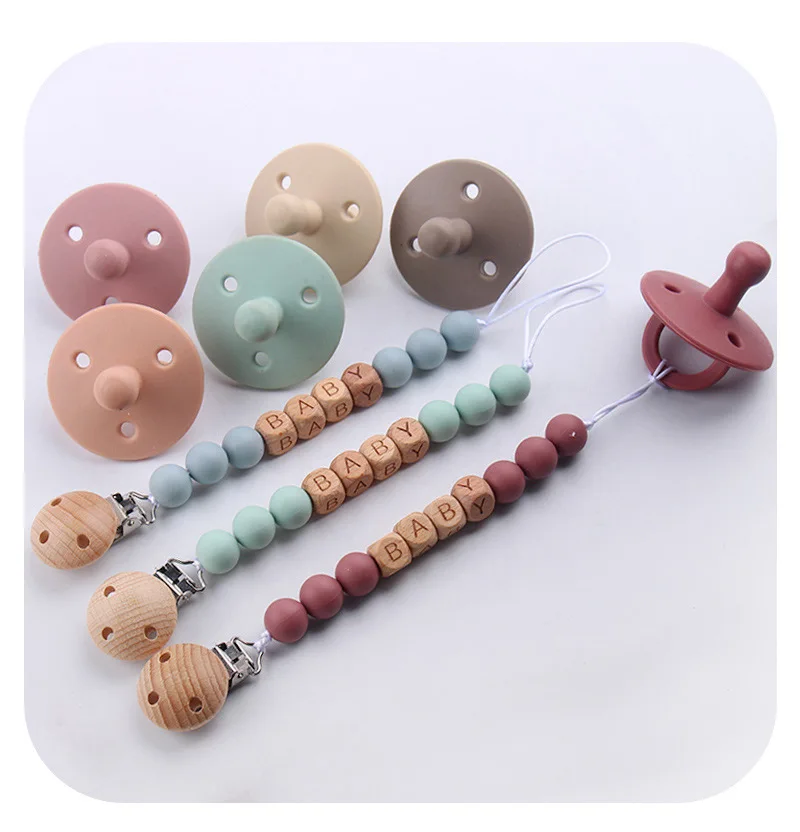 Universal Pacifier Clip, Soft Silicone Beads & Wood Pacifier Holder, Non-Toxic Binky Leash for Teething Toys