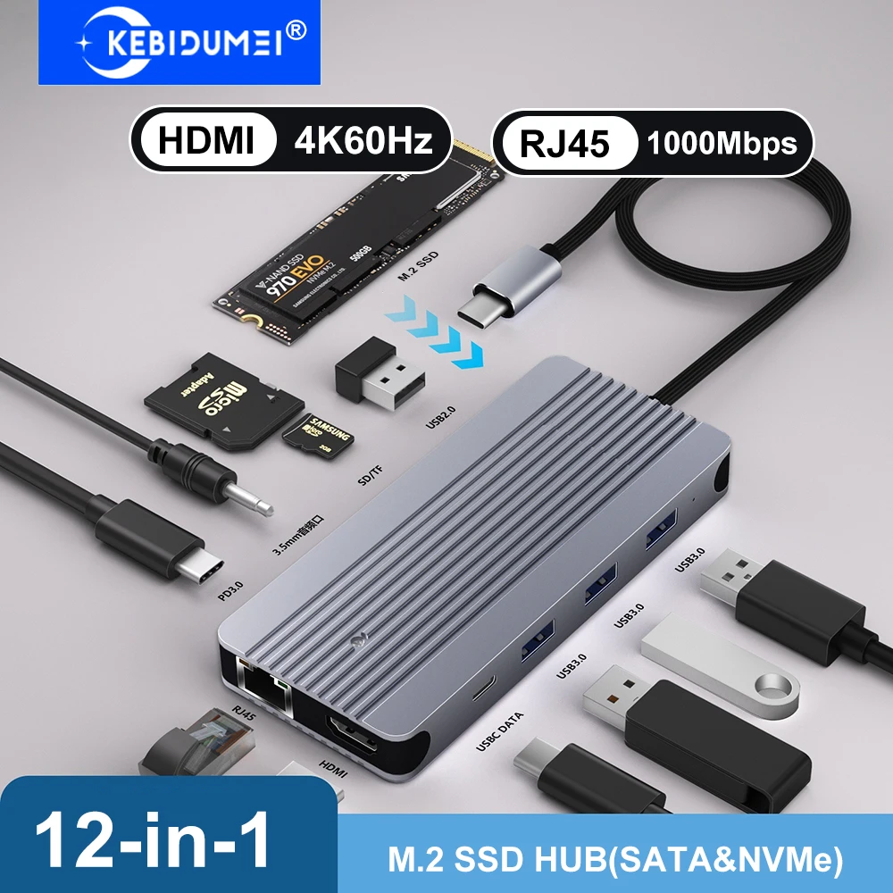 

12-in-1 USB C Docking Station M.2 SSD HUB USB C HUB HDMI 4K60Hz/RJ45 1000Mbps/PD100W/USB3.0 5Gbps TYPE C Hub For Laptop Macbook