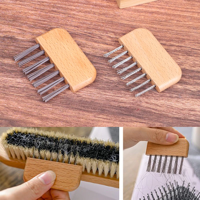 1pc Hair Brush Cleaner Mini Dirt Remover Home Travel Salon Rake with Metal Wire Portable Comb Brush Wooden Handle Cleaning Tools