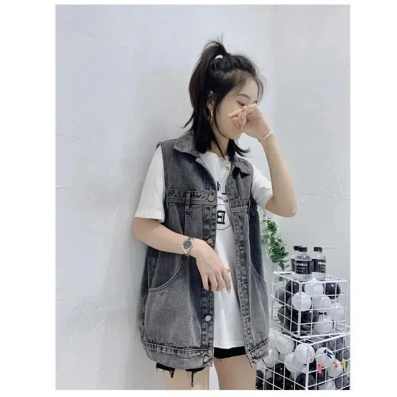 2024 Spring/Summer Denim Vests Female Korean Loose Medium Length Sleeveless Vest Jacket Top Outerwear Students Jean Waistcoat