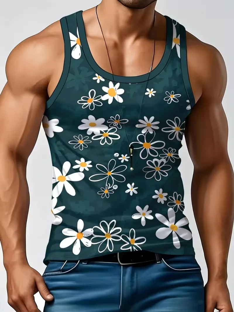 Men's Retro Floral 3D Printed Tank Top Summer Casual Crew Neck Sleeveless Vest Trend Breathable Tees