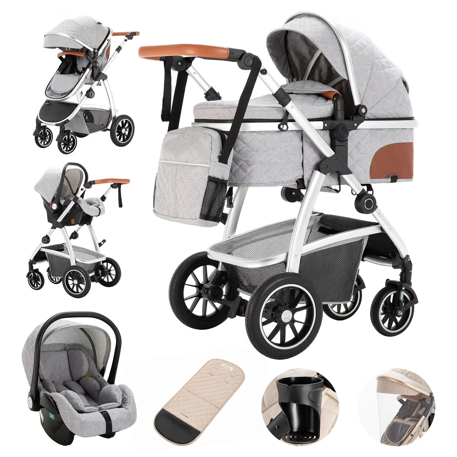 3-in-1-Babykinderwagen, Kinderwagen mit hoher Landschaft, verstellbarer Griff, Reise-Kinderwagen mit Moskitonetz, Kinderwagen, Aluminiumrahmen