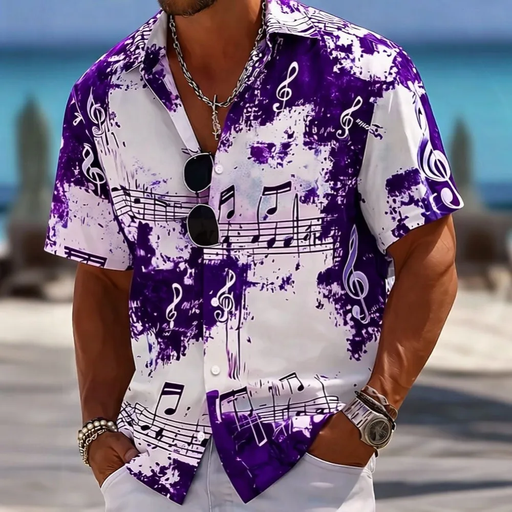Men's Short-Sleeved Shirt with Musical Note Pattern, Spring and Summer Casual Music-Themed Shirt, Loose-Fitting Relaxed Top
