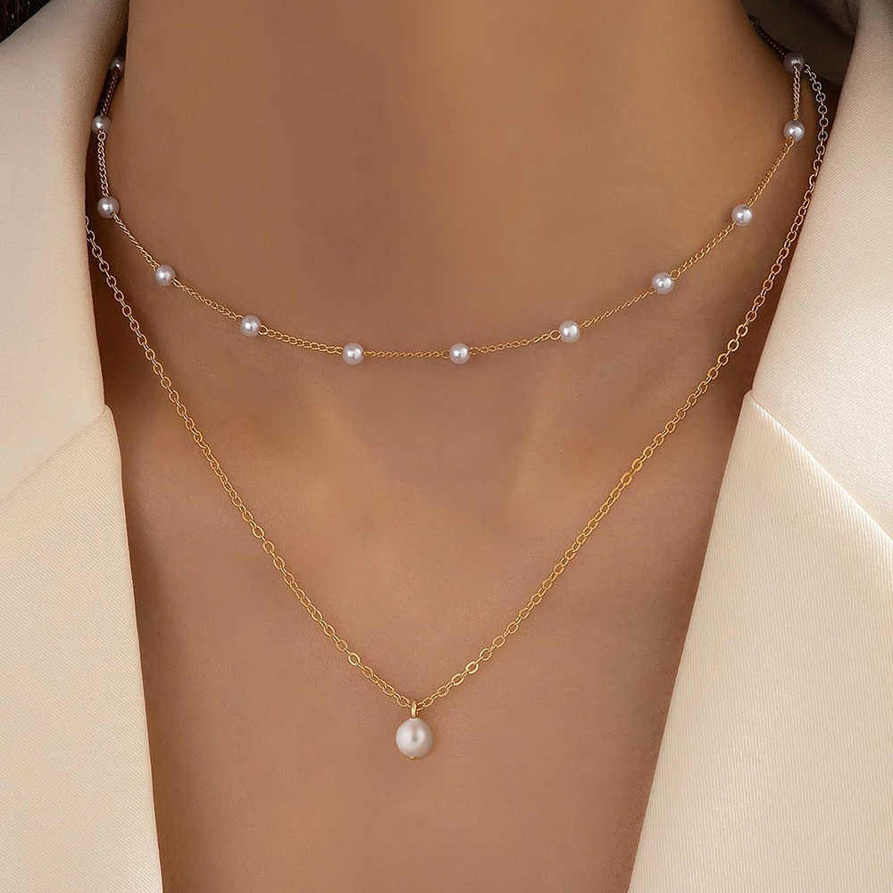 New Women Double-Layer Stacked Pearl Necklace Fashion Tassel Pearl Collarbone Chain Design Fashion Accessories Jewelry Gift
