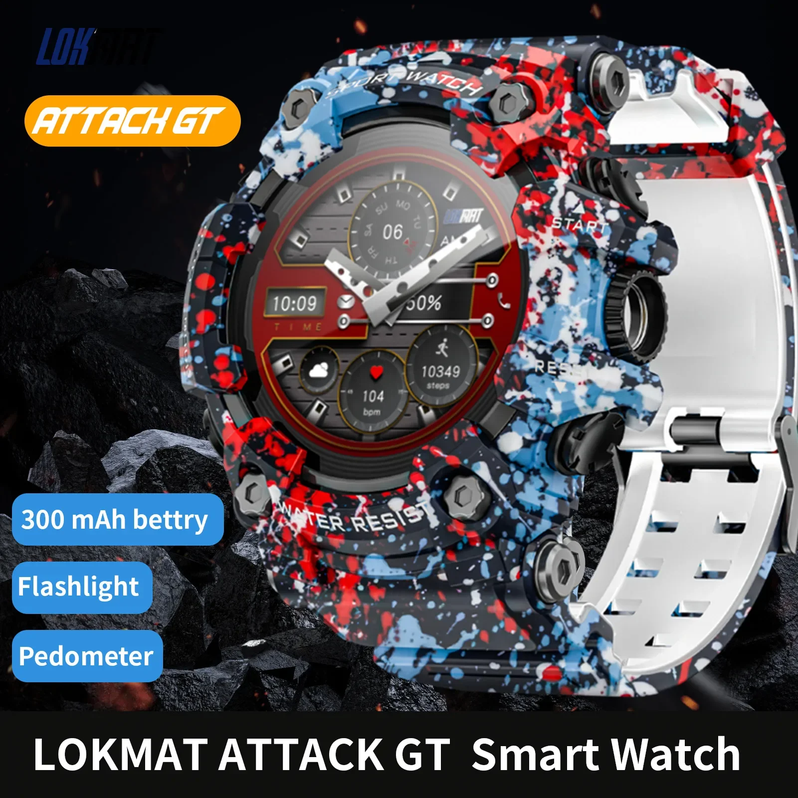 

Rugged Sport Smart Watch ATTACK-GT Bluetooth Calls Colorful Waterproof Military Smartwatches with Flashlight for Phone