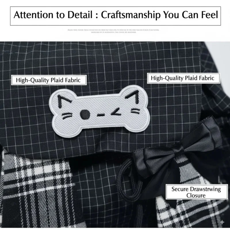 Bunny Backpacks Cat Y2K Grid Ear Bone Backpacks Versatile Cute Student Black White Plaid Bow Lightweight High Capacity Backpacks