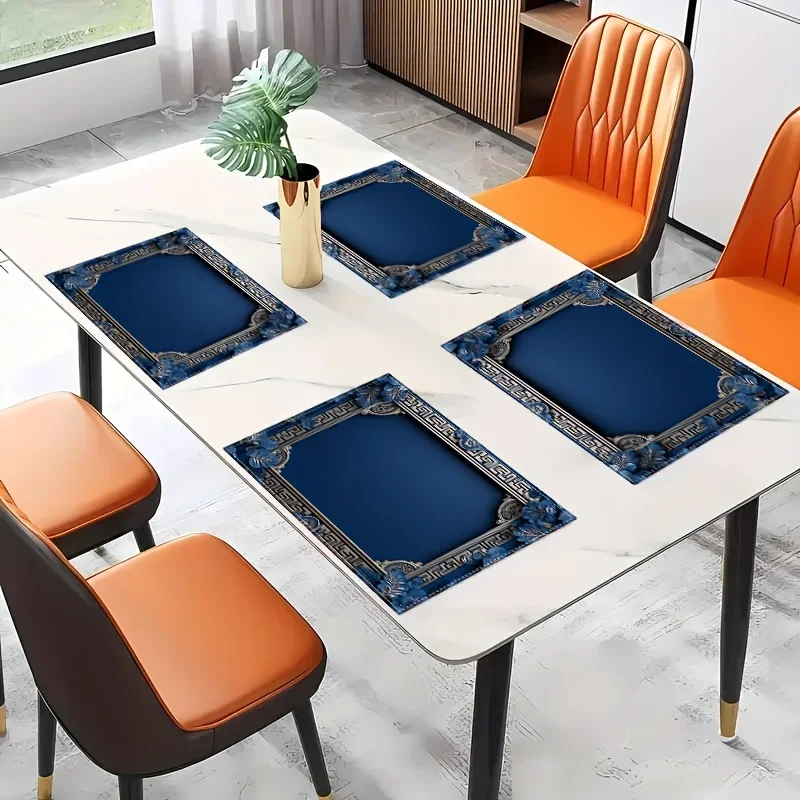 

4 шт. синие льняные салфетки с цветочным принтом 12x18 дюймов, коврики с геометрической каймой для праздничной вечеринки, кухни, столовой и кафе, декор стола