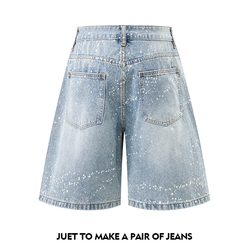 Vintage Japanese Street Style Men's Denim Shorts Rhinestone Embellished Splatter Print Loose Fit Casual Knee-Length Jeans