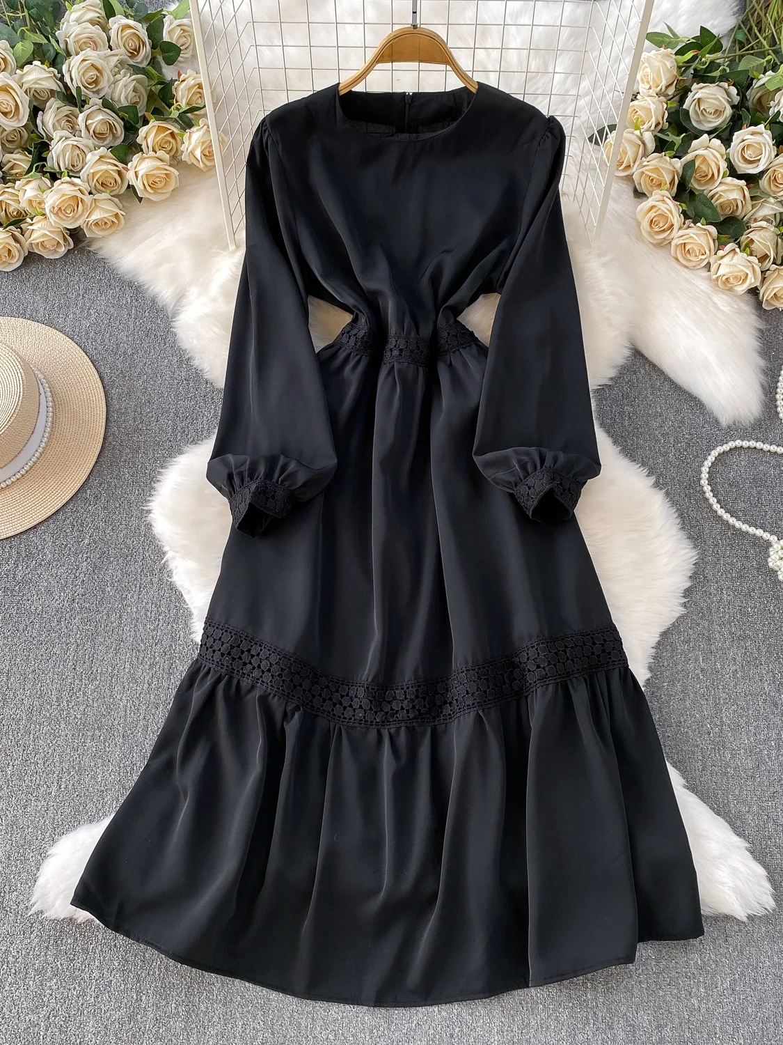 Abito Lungo in Raso di Seta con Pizzo, Vita Alta e Linea ad A, Stile Francese