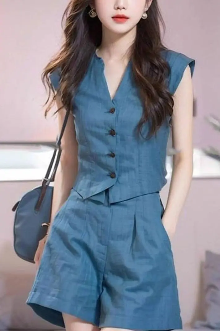 

2025 Women's Linen Suit Set V-neck Short Sleeve Vest Top High Waist Shorts 2Pc Outfits Cotton Blend Summer Office Casual Outfit