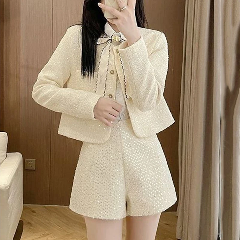 

Small fragrance style o-neck solid color short jacket+wide leg shorts pants autumn new temperament slim fit two-piece set