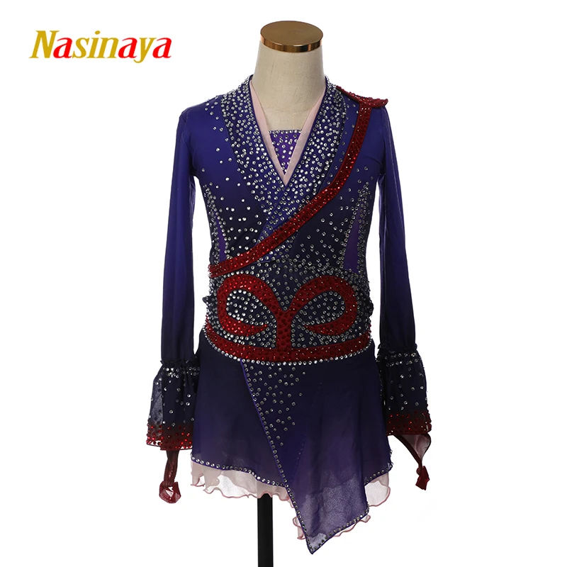 Figure Skating Dress Competition Women's Children's Rhythmic Gymnastics Blue Wine Red V-Neck Long Sleeve Performance Dress