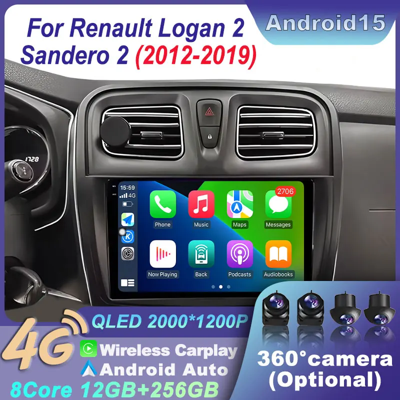 Navigation Android 15 GPS WiFi CarPlay for Renault Logan 2 Sandero 2 2012-2019 Wireless 4G Stereo BT Car Multimedia Video Player