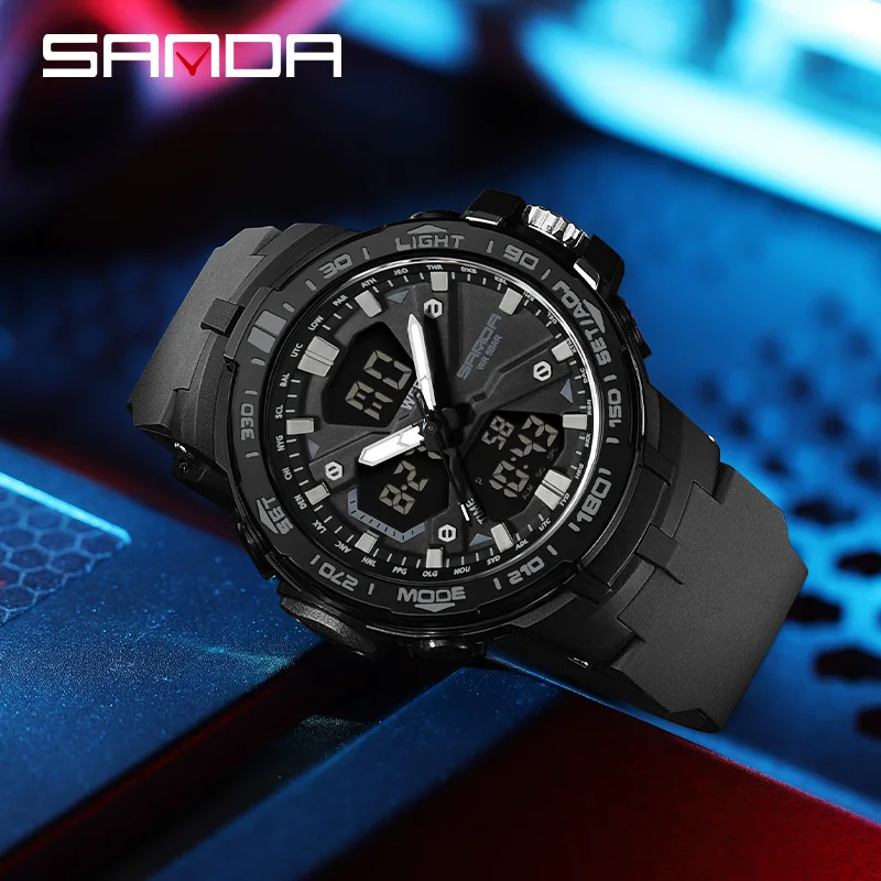 SANDA Top Brand Men\'s Sports Dual Screen Electronic Watch Multifunction Countdown Timing Waterproof LED Digital Male Wrist watch