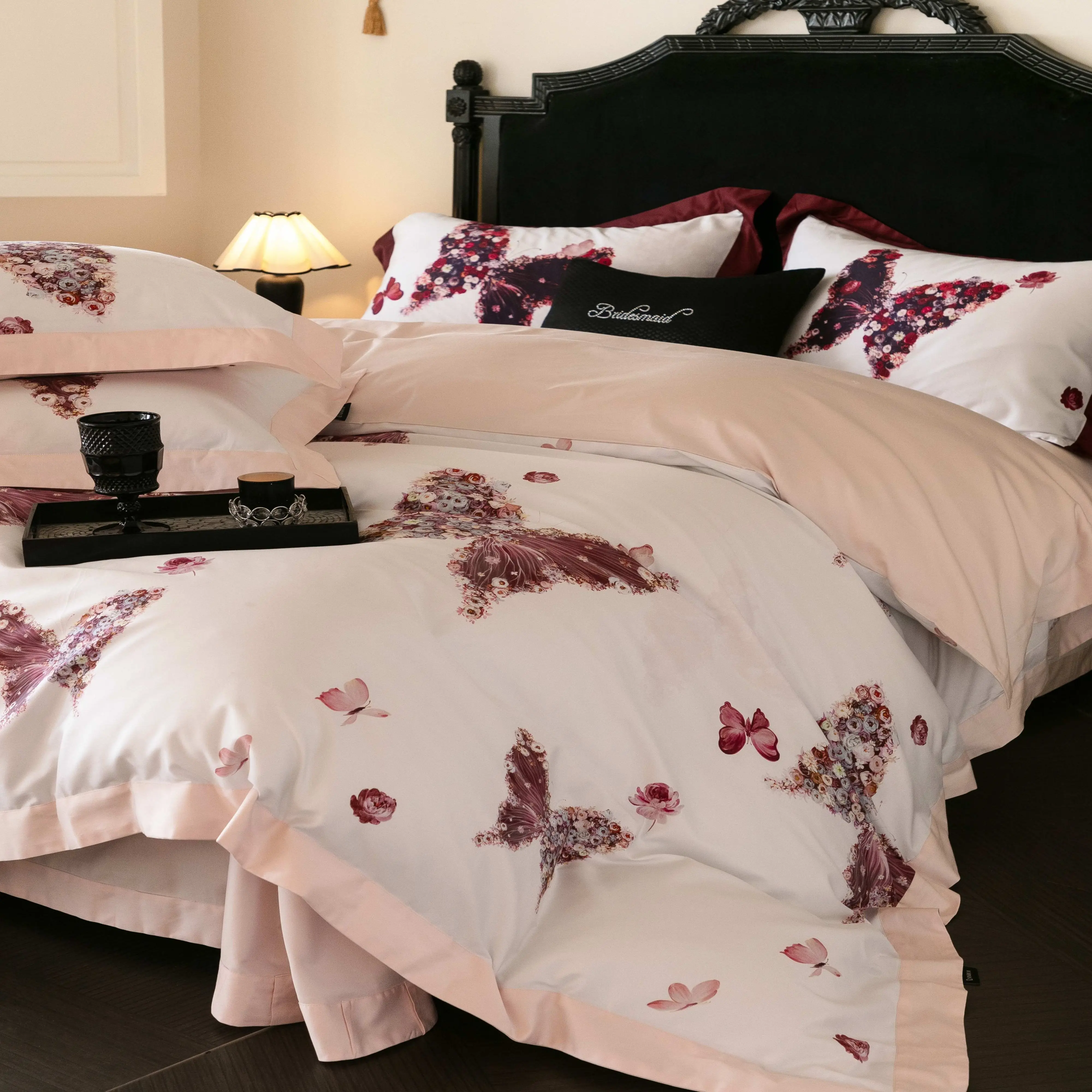Elegant Wine Red Butterfly Floral Bedding Sets Full Duvet Cover 220×240cm Luxury Smooth Satin 4 Pieces Bedding Set