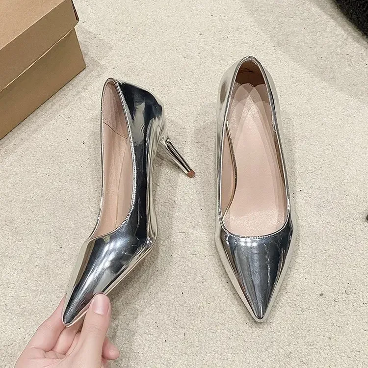 YBQJOO Women's Pointed Toe Pumps Silver/Gold 3