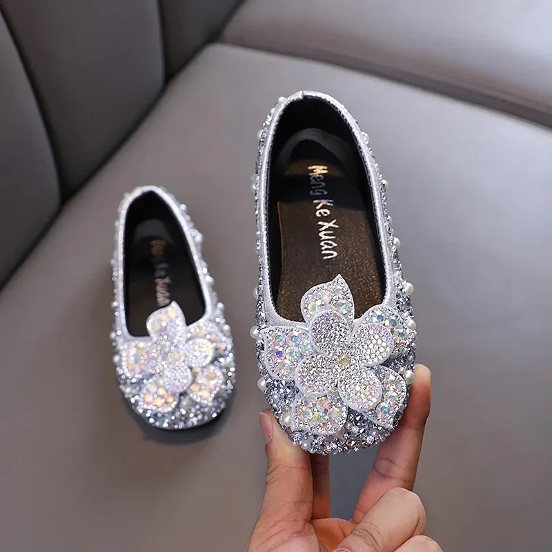 Children Spring Autumn Princess Rhinestones Flowers Sequins Girls Ladies Laser Pearls Performance Dance Shoes Girls Single Shoes
