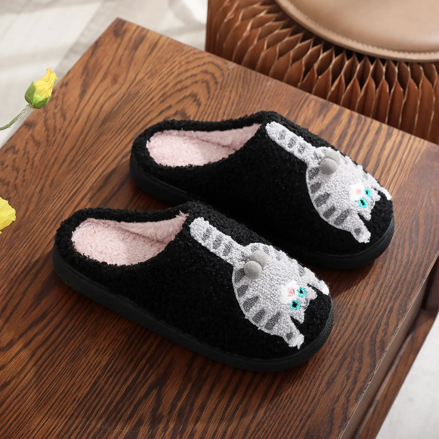 Men's Funny Cartoon Cat Cotton Slippers Women's Winter Comfortable Thick Plush Warm Plush Anti-slip Couples Home Fluffy Slides