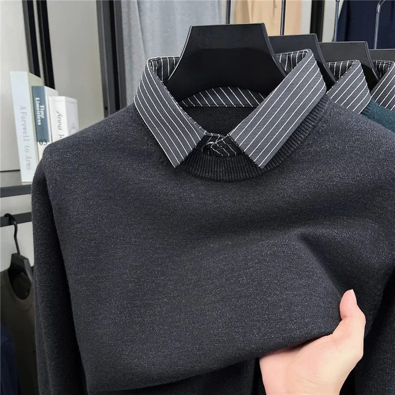 

Fake Two Sweaters Men's Autumn and Winter New Style Business Casual Plus Plush Thick Knit Sweater