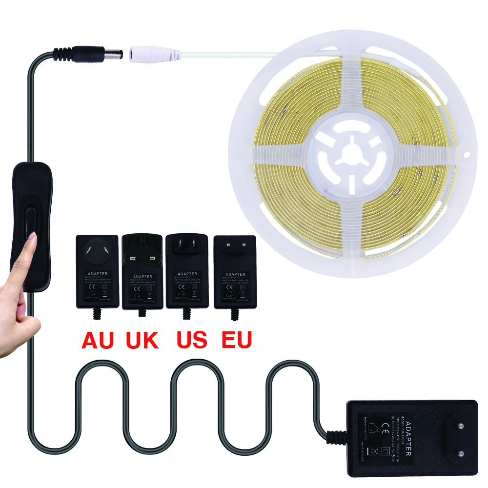 DC 12V COB Strip with Switch Adapter High Density 320 LEDs/M White/Warm White/Red/Blue/Green Flexible Ribbon Tape RA90 FOB Light