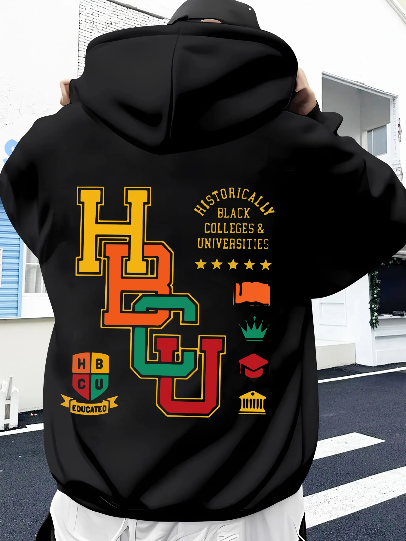 HBCU Themed Multi-colored Letters Men's Hooded Sweatshirt, Warm and Cozy for Autumn and Winter with Added Insulation.