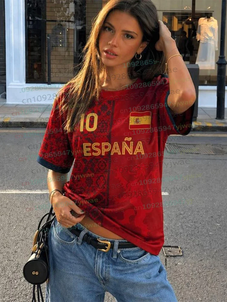2026 Women Spain 10 Flag Soccer Fan Tees O-neck Short Sleeve Breathable Quick Dry Streetwear Casual Football Parent-child TShirt