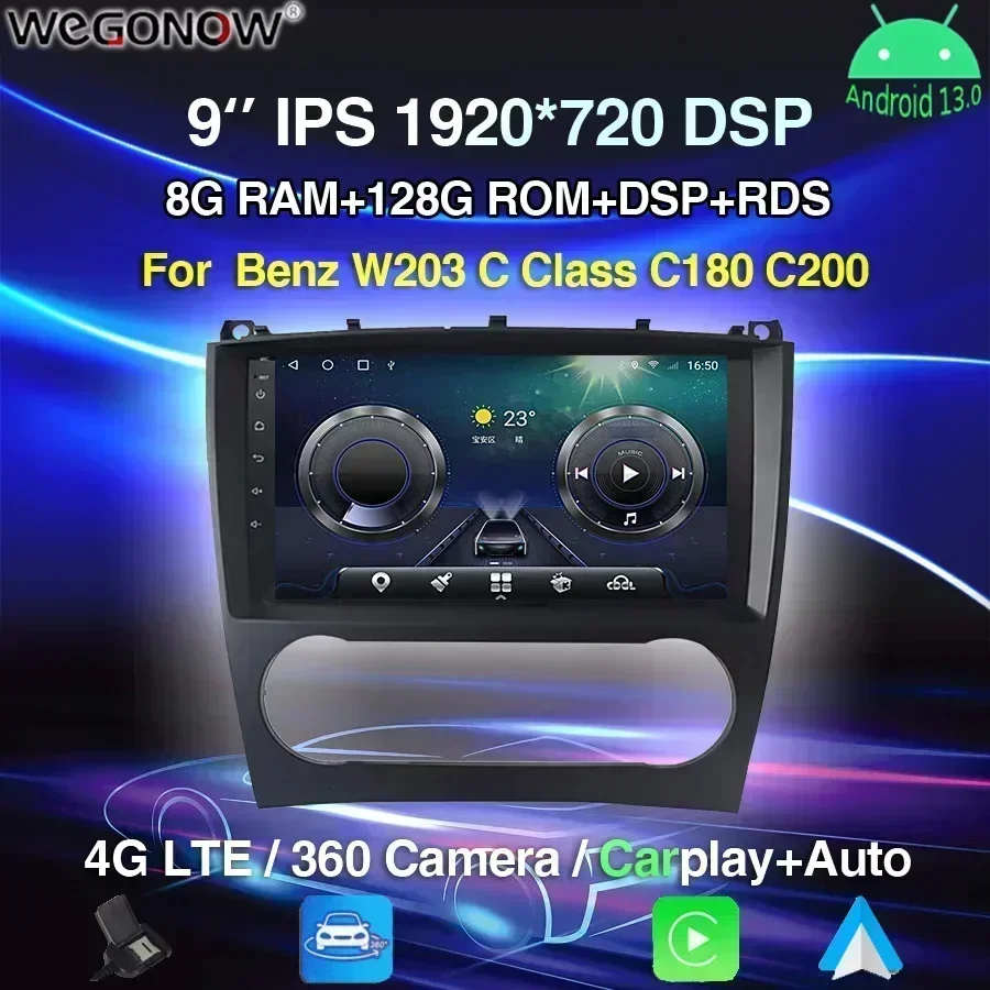 360 8GB+128GB Wireless Carplay DSP Android 13.0 Car DVD Player GPS WIFI Bluetooth 5.0 RDS Radio For Benz W203 C Class C180 C200