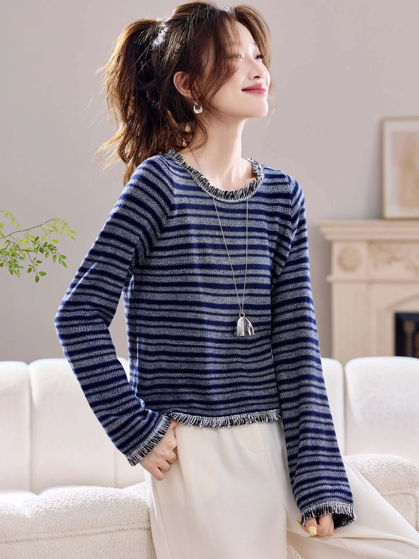 

Женский свободный вязаный джемпер в полоску с длинными рукавами, осенний топ в стиле колор-блок, удобный, мягкий, в корейском стиле