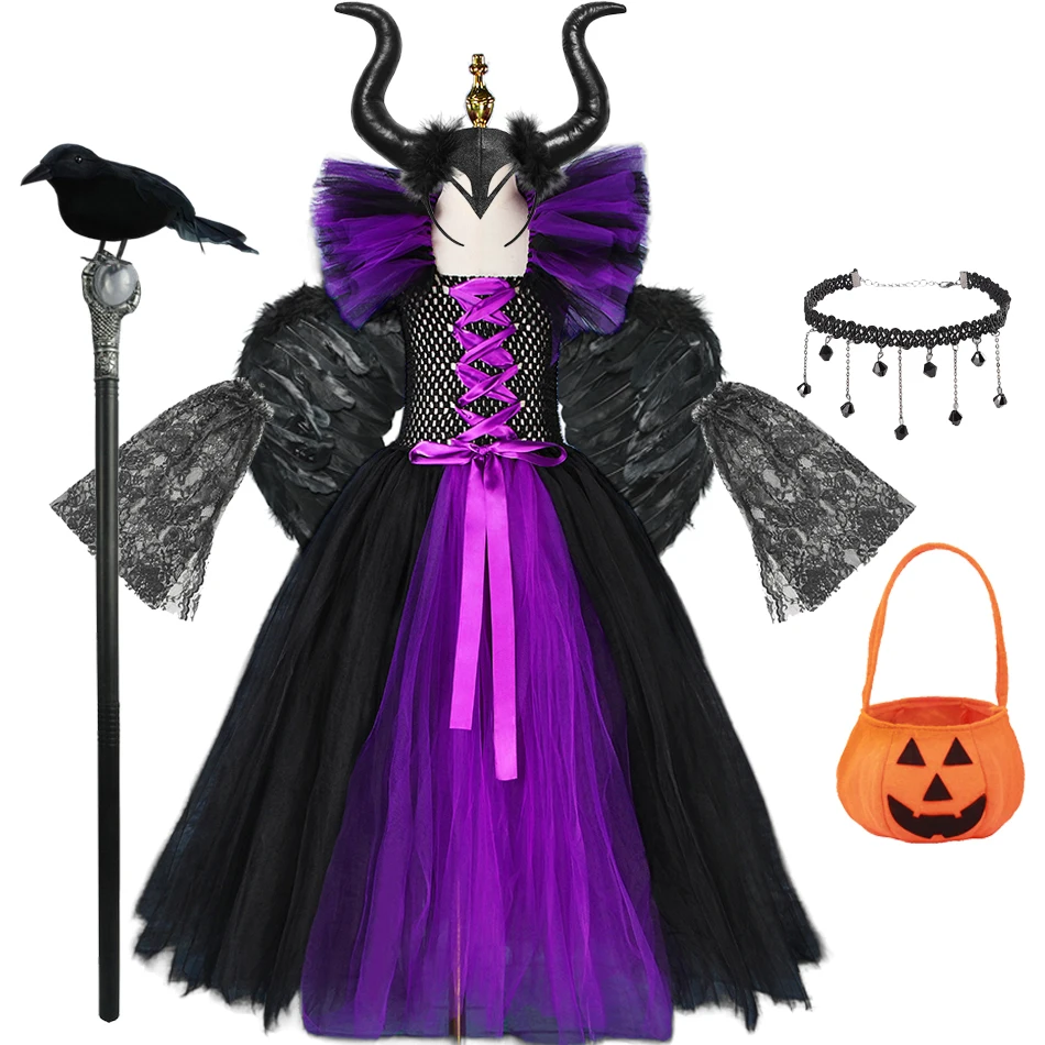 Girls Maleficent Costume Dress Deluxe Halloween Cosplay Kids Evil Queen Cosplay Vestidos Party Clothes