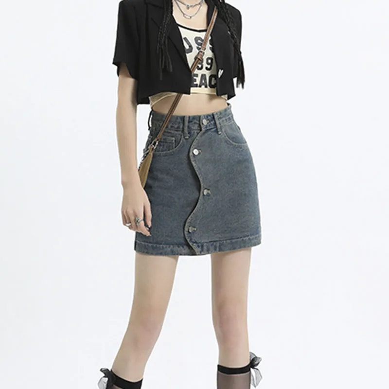 

Summer Single-Breasted Denim Skirts Women Korean Fashion High Waist Jean Culottes 2023 Mini Skirt