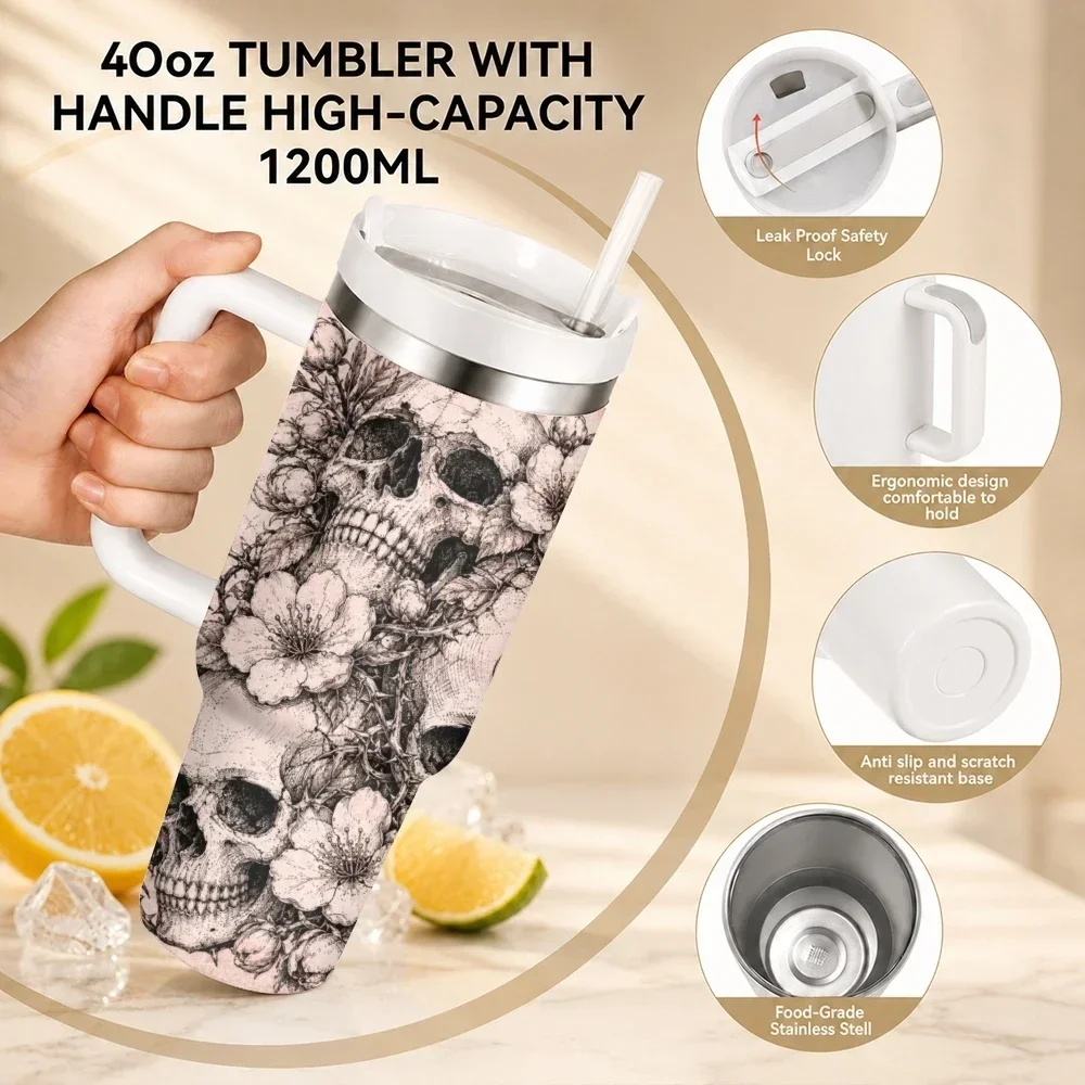 Vintage Skeleton Garden Vacuum Flasks 40oz Stainless Steel Travel Tumbler with Handle Straw Lid Double Wall Vacuum Insulated