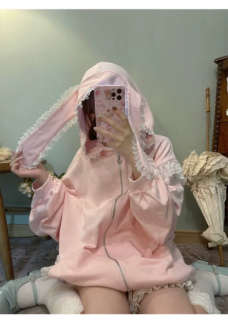 Rabbit Ears Lace Hooded Sweatshirt Jacket Women's Spring and Autumn New Solid Color Oversized Hoodies Zip Up Hoodie