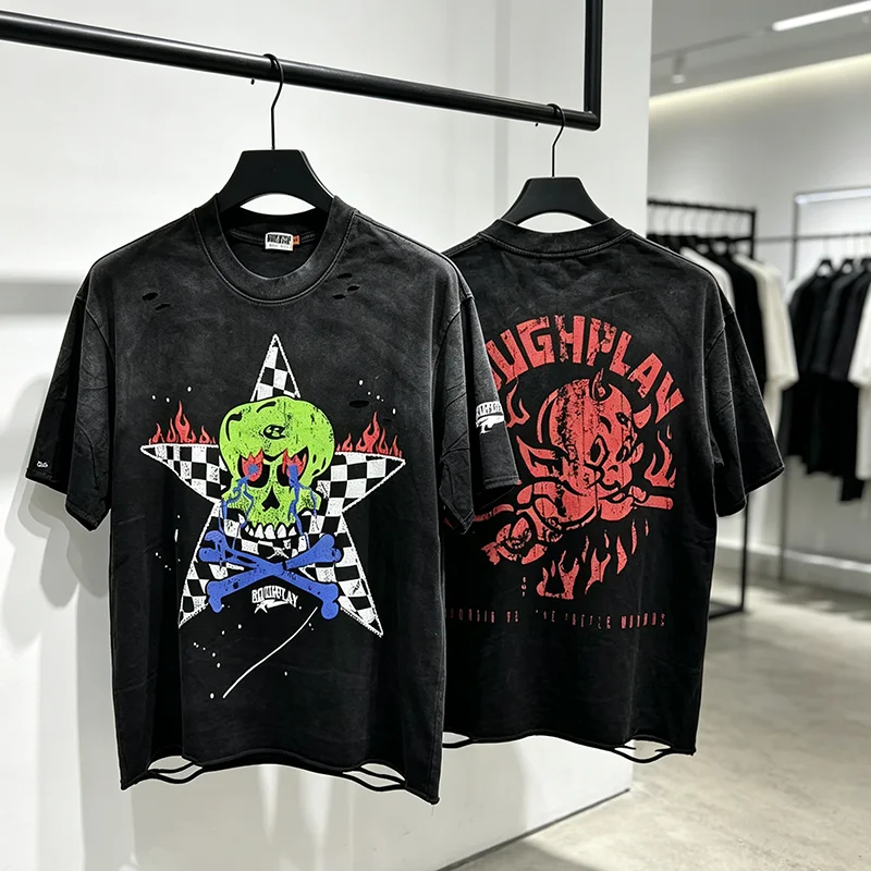 2026 New Rough Play Unisex Vintage Skull Checkered Star Washed Distressed Print Short Sleeve T-Shirt